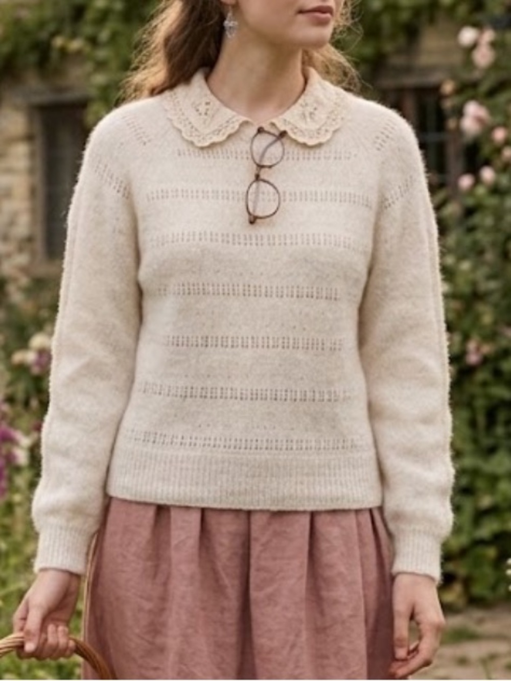 Cream Alpaca-Wool Blend Open Knit Pullover Cottagecore Sweater S